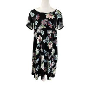 J Jill Wearever XS Tee Shirt Dress Shift Knee Length Black Floral Short Sleeve